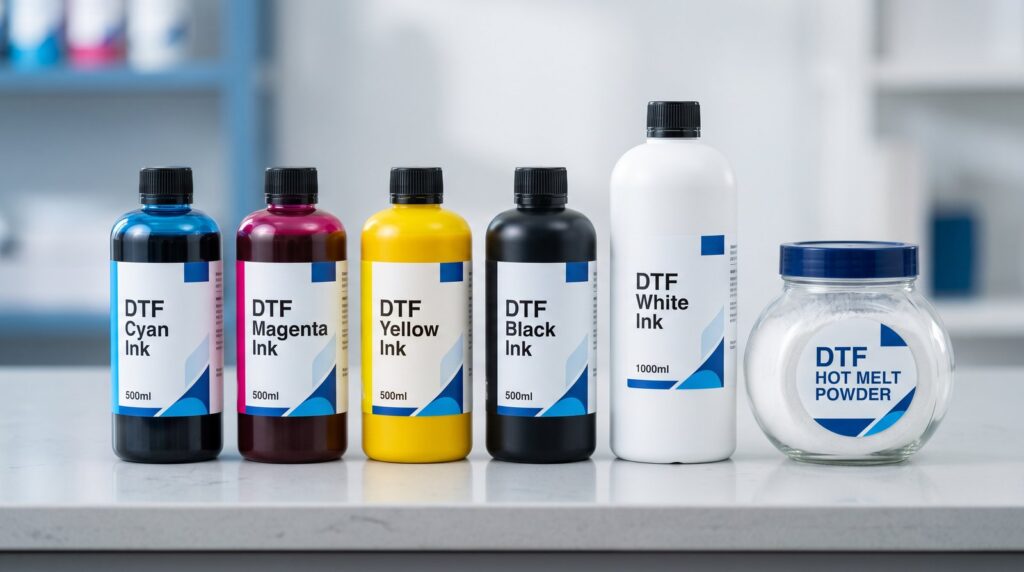 DTF inks and hot-melt powder