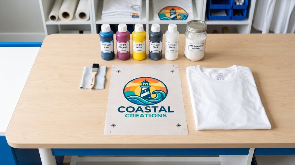 DTF printing workstation with ink, powder and film