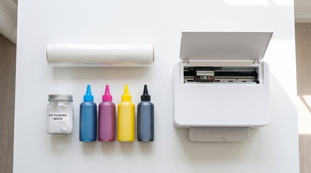 DTF starter kit: transfer film, adhesive powder, ink and printer