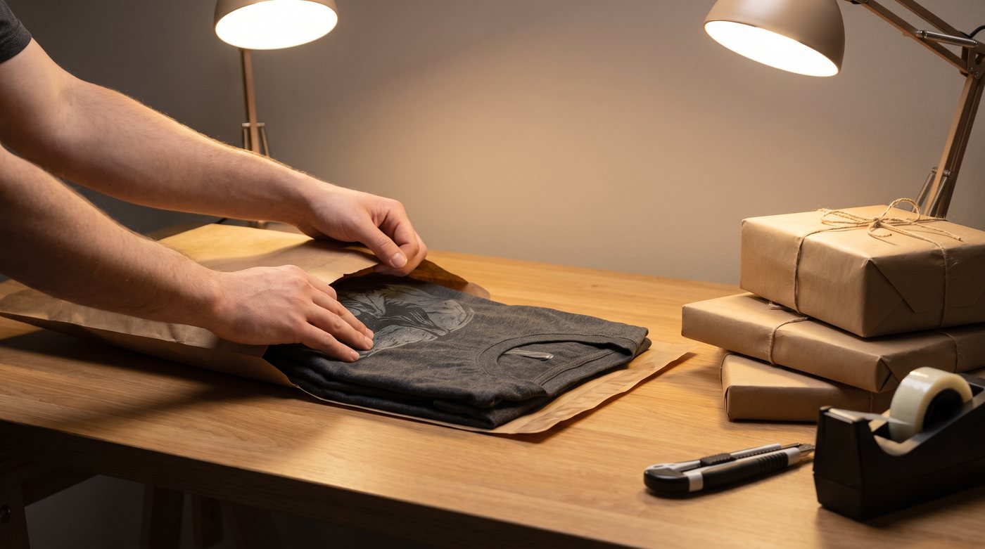 Packing an order of printed shirts to ship