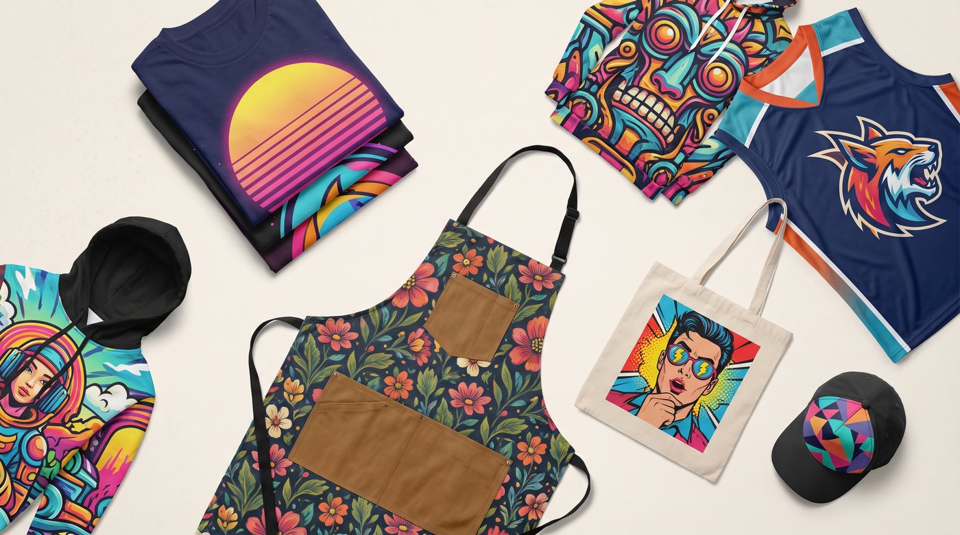 DTF prints on t-shirts, hoodies, workwear, jerseys, totes and caps