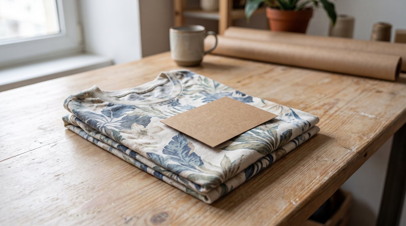 A folded printed t-shirt with a blank care card on a counter