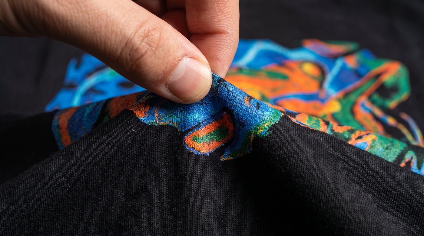 A vivid DTF print flexing with black cotton fabric without cracking