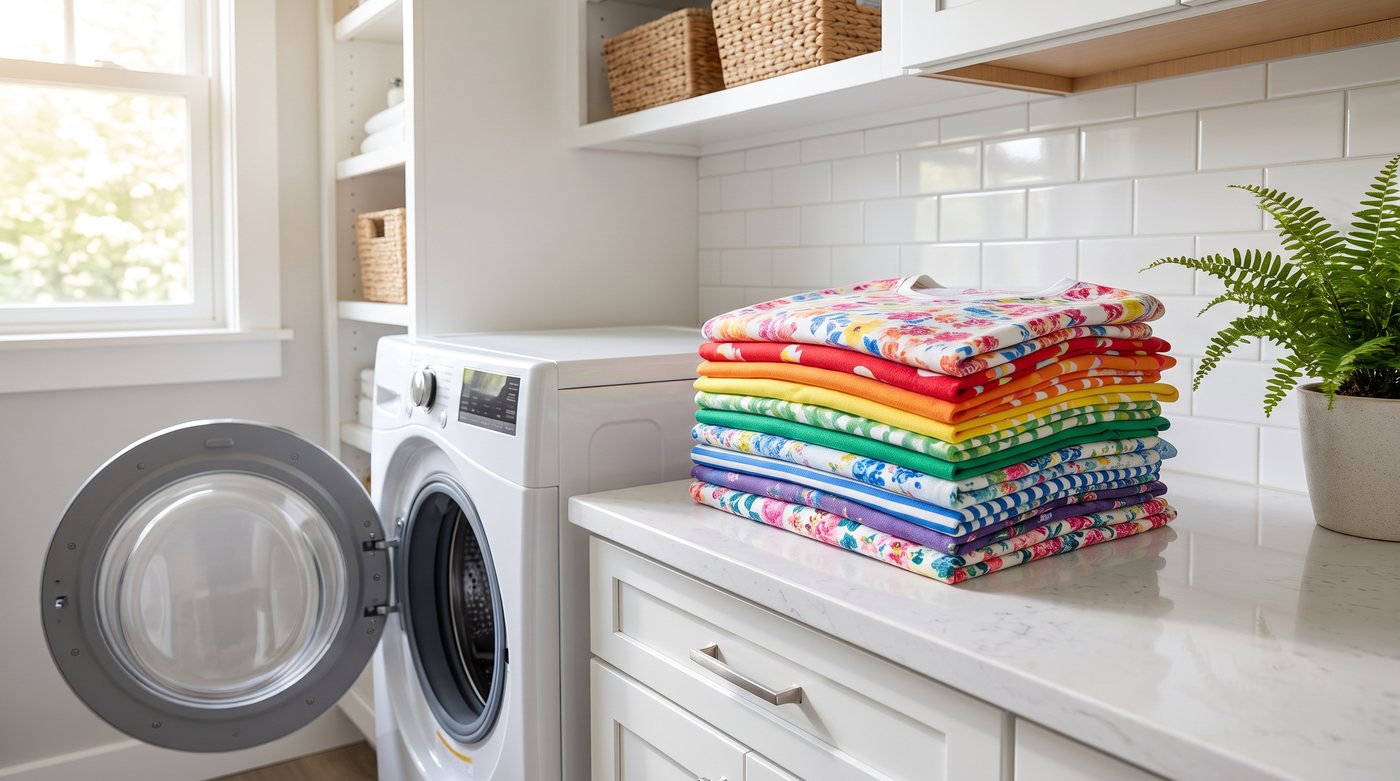 Freshly laundered printed t-shirts stacked beside a washing machine